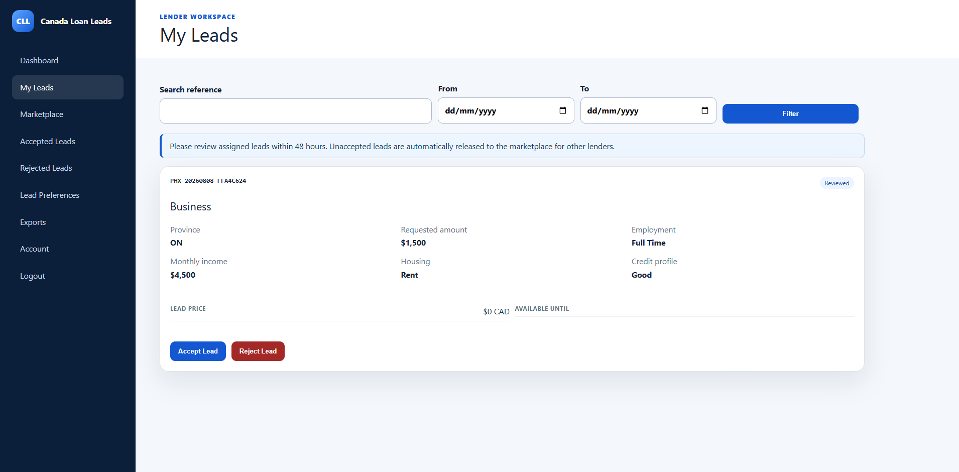 Canada Loan Leads lender dashboard interface
