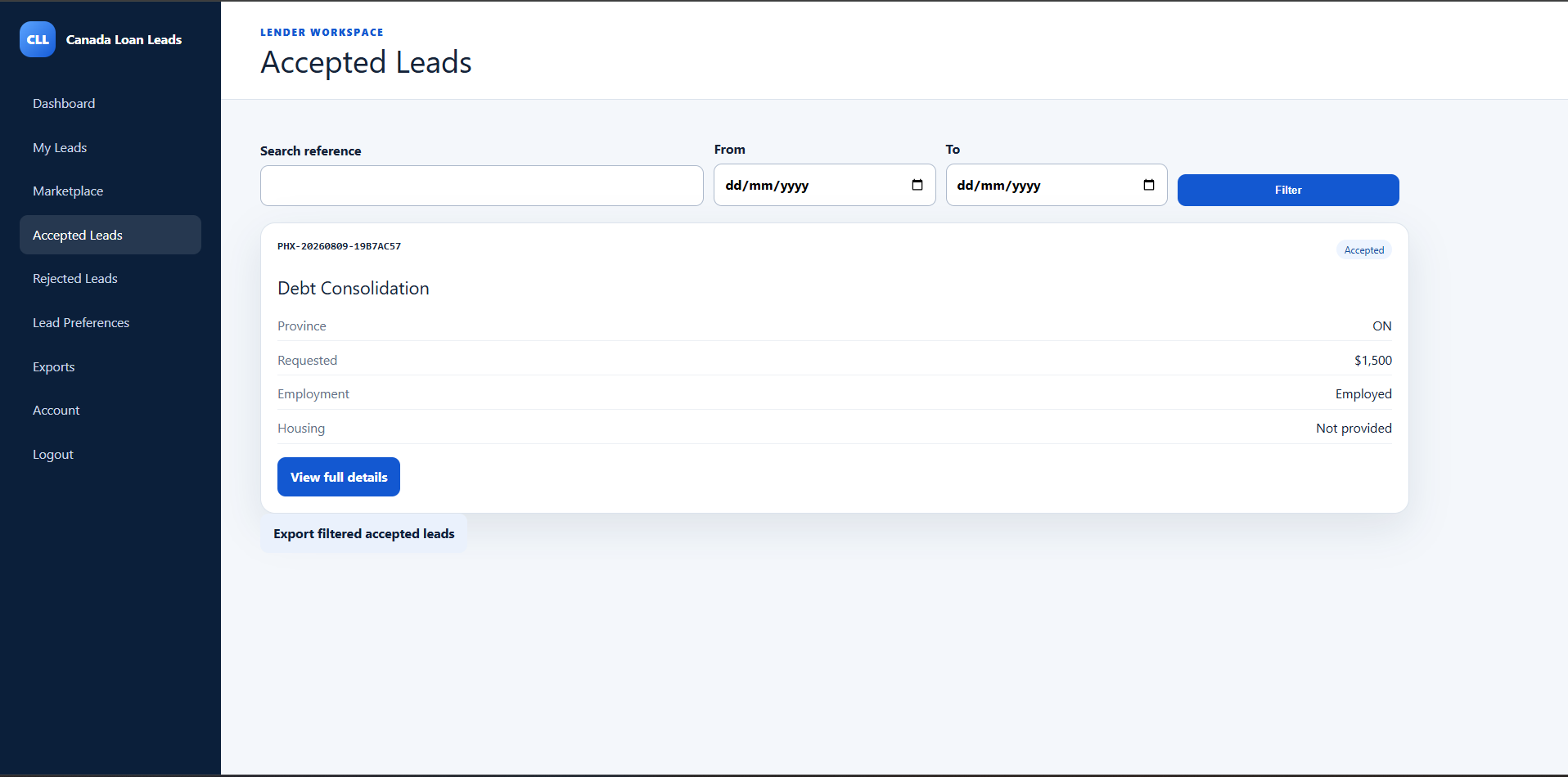 Canada Loan Leads lender dashboard interface
