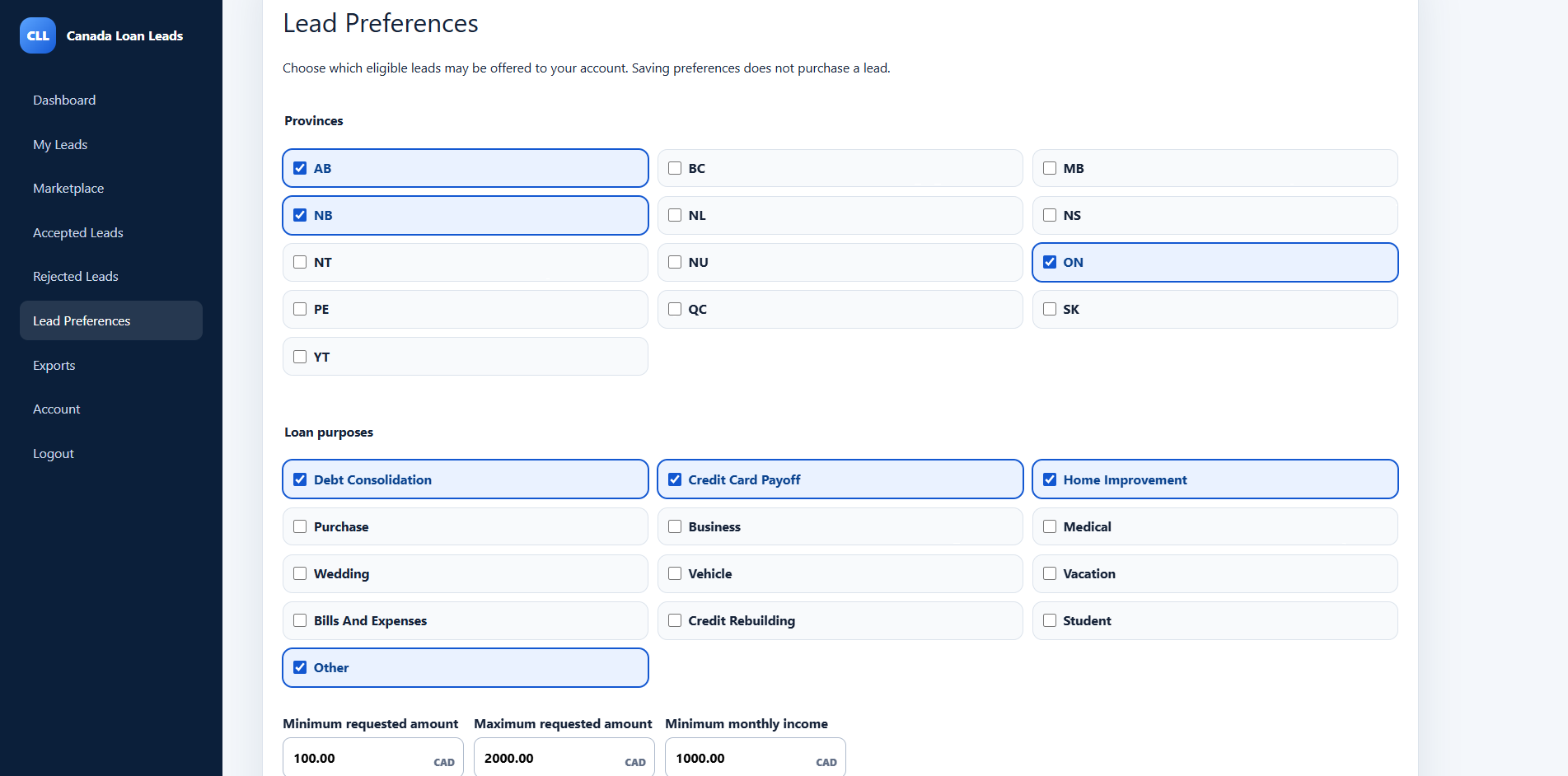 Canada Loan Leads lender dashboard interface