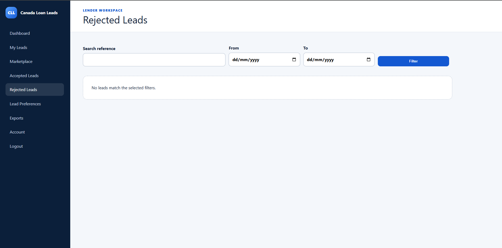 Canada Loan Leads lender dashboard interface
