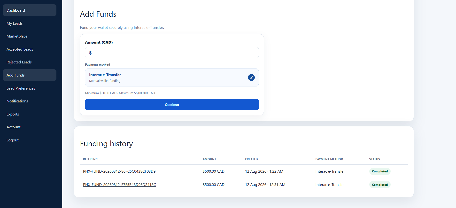 Canada Loan Leads lender dashboard interface